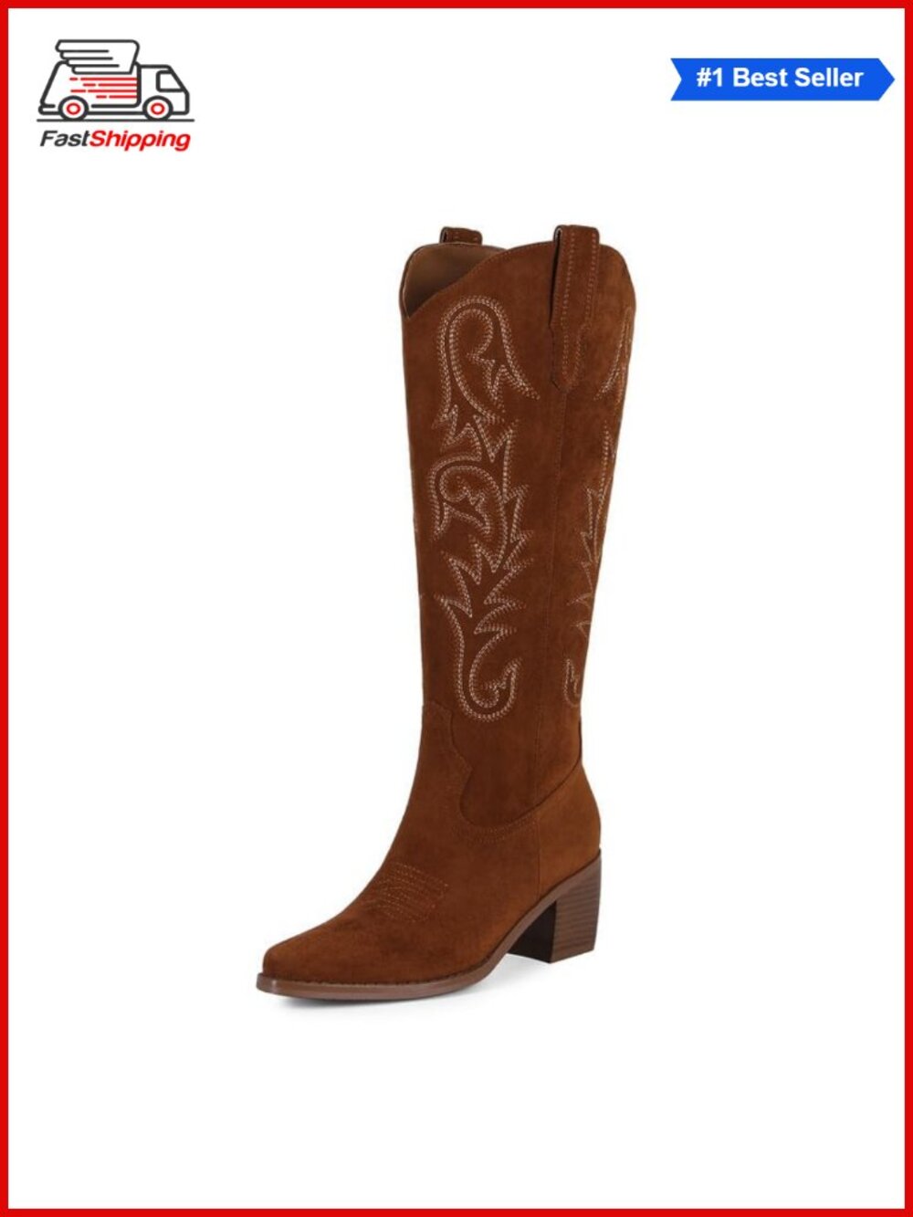 ✨ Western Cowboy Knee High Boots Pointed Toe Faux Suede Block Heel Pull-On